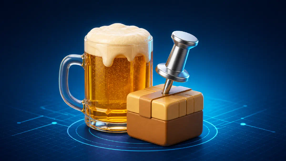 A Homebrew-inspired beer mug beside a software package secured by a push pin.